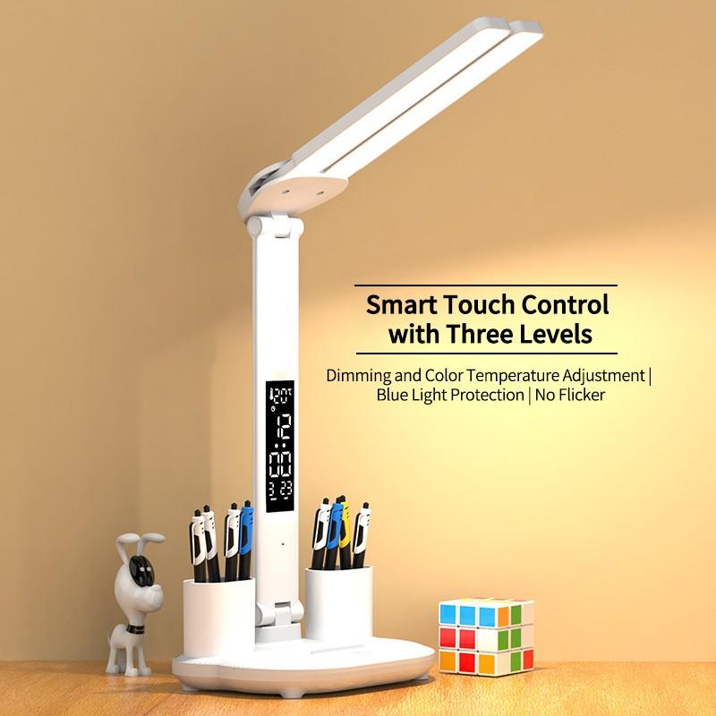 Lámpara LED digital escritorio con calendario hora y portalapiceros