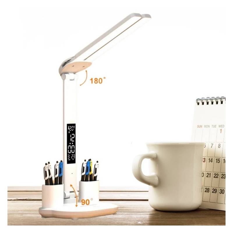 Lámpara LED digital escritorio con calendario hora y portalapiceros