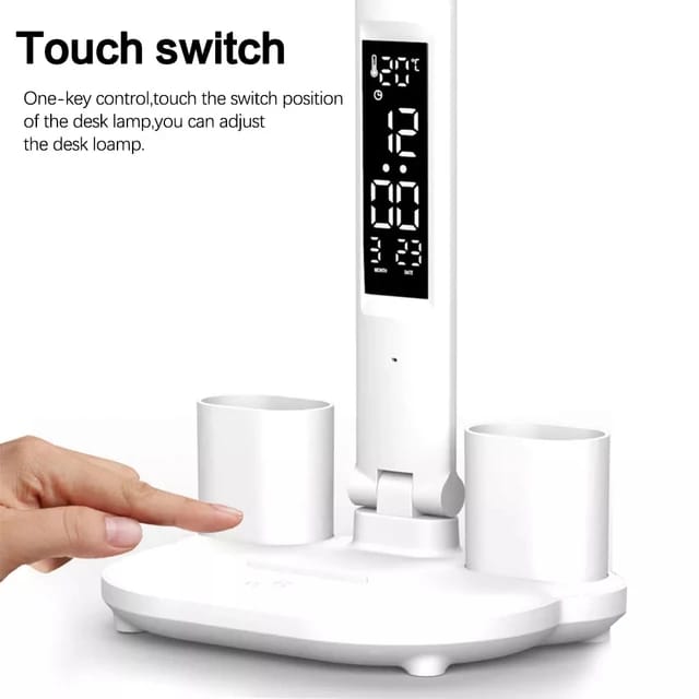 Lámpara LED digital escritorio con calendario hora y portalapiceros