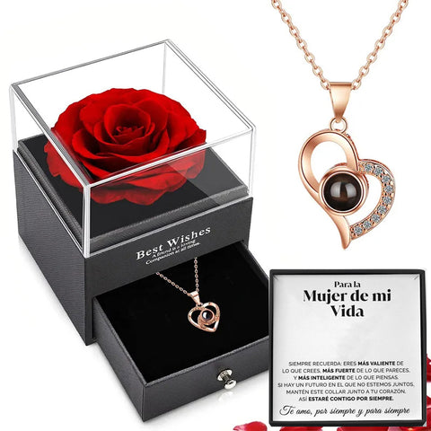 🌹 Pack Amor Eterno | Caja rosa eterna + Collar TE TE AMO EN 100 IDIOMAS"